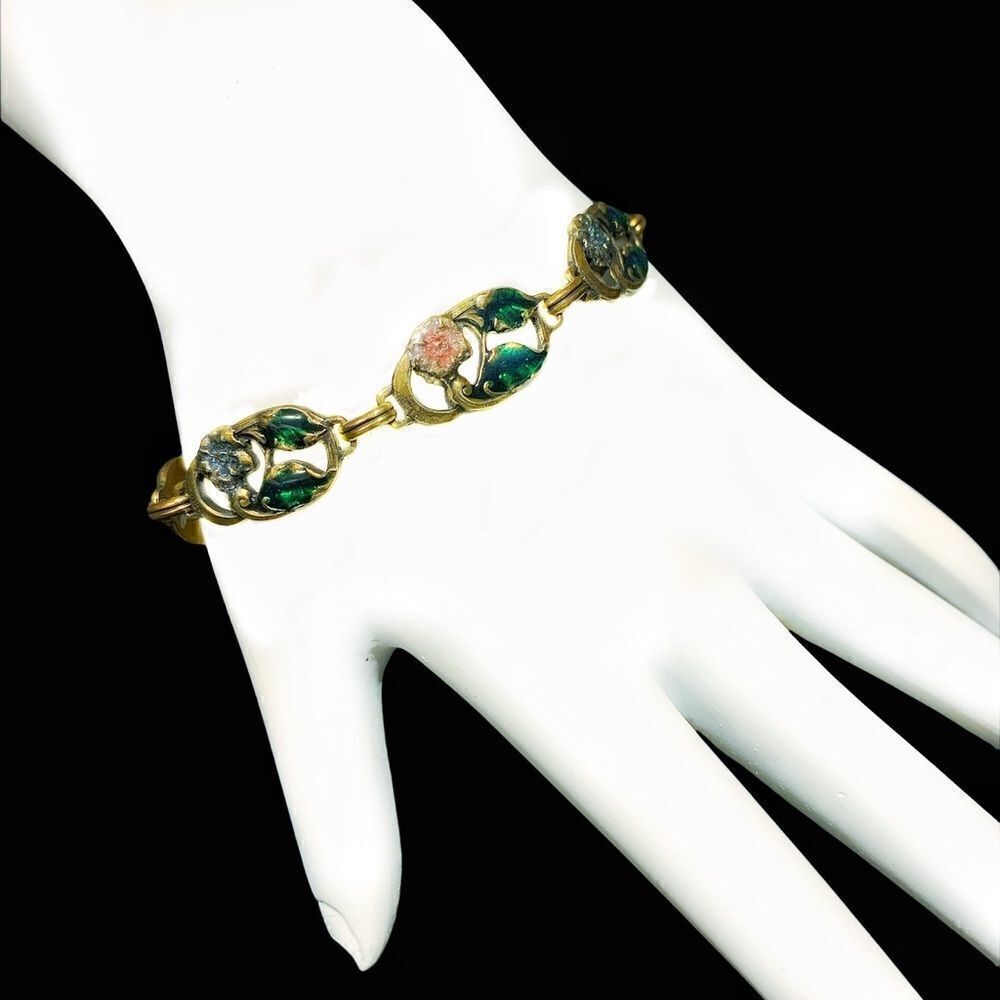 Vtg new old stock Banana Bob green pink floral enamel bracelet Victorian 6.5”